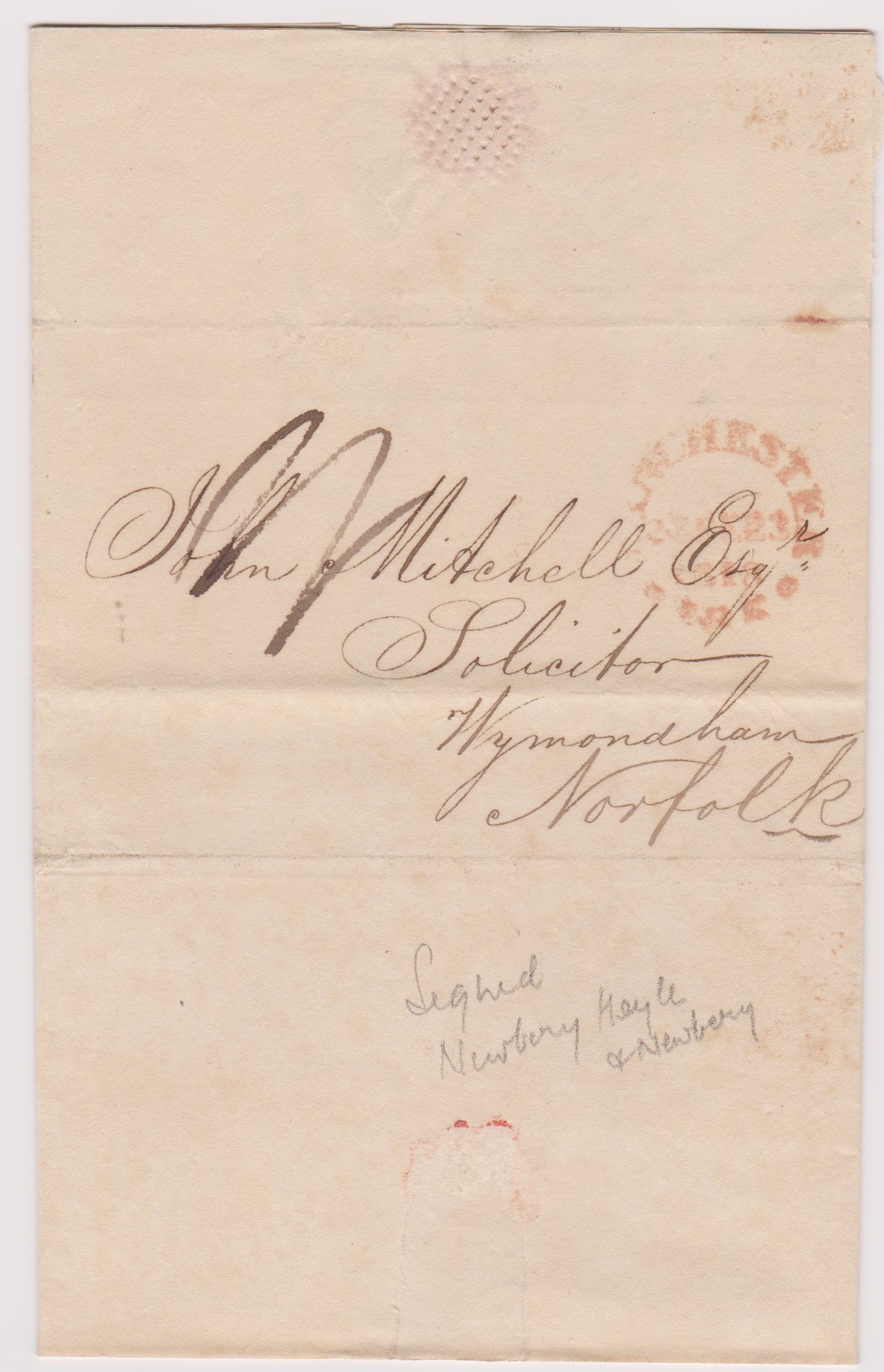 Great Britain 1818 - Postal History EL dated 23rd Feb 1818 Manchester posted to Wymondham-red