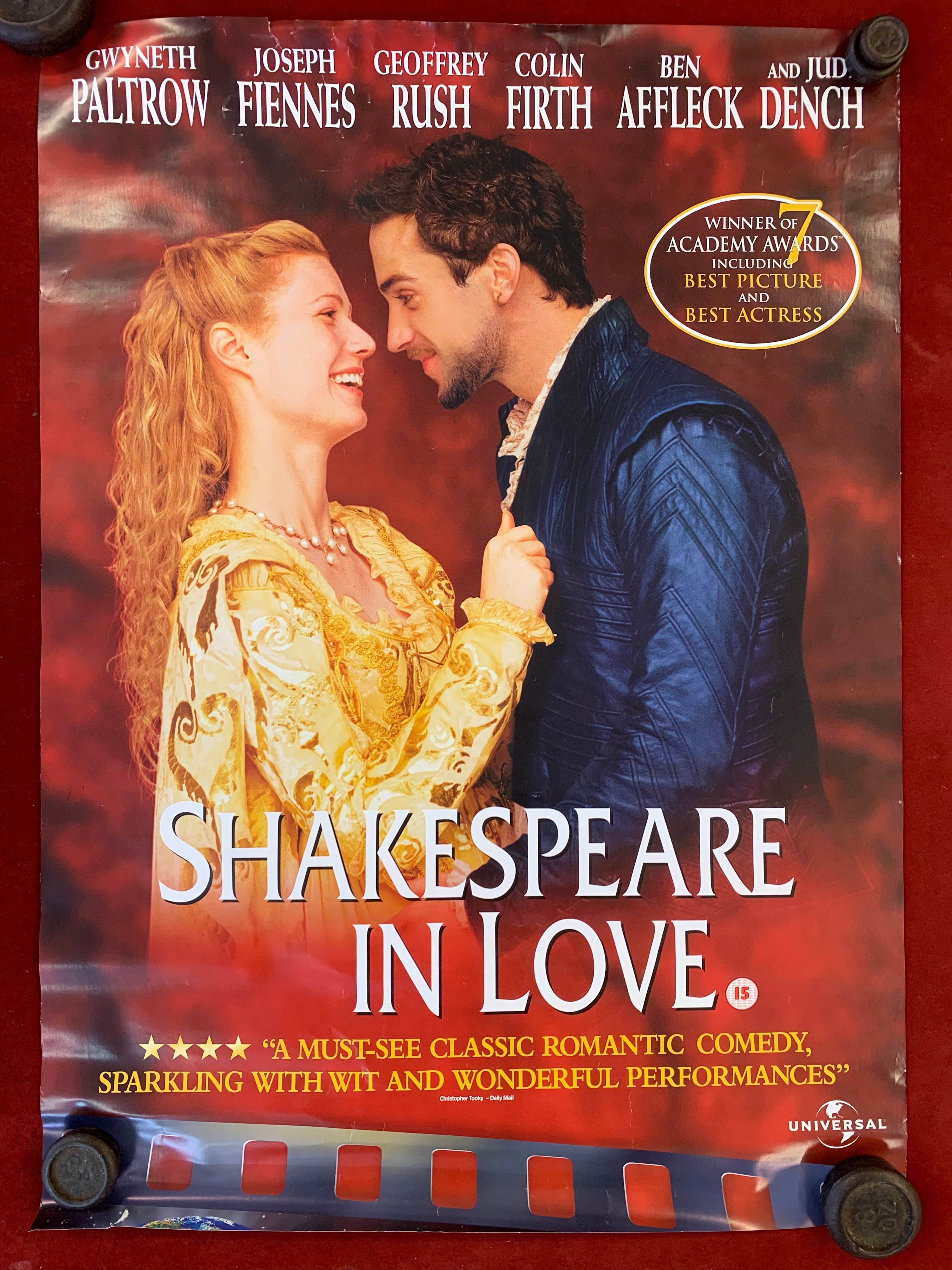 Film poster-'Shakespeare in Love'-starring Judi Dench-Colin Firth-measurements 67cm x 48cm excellent