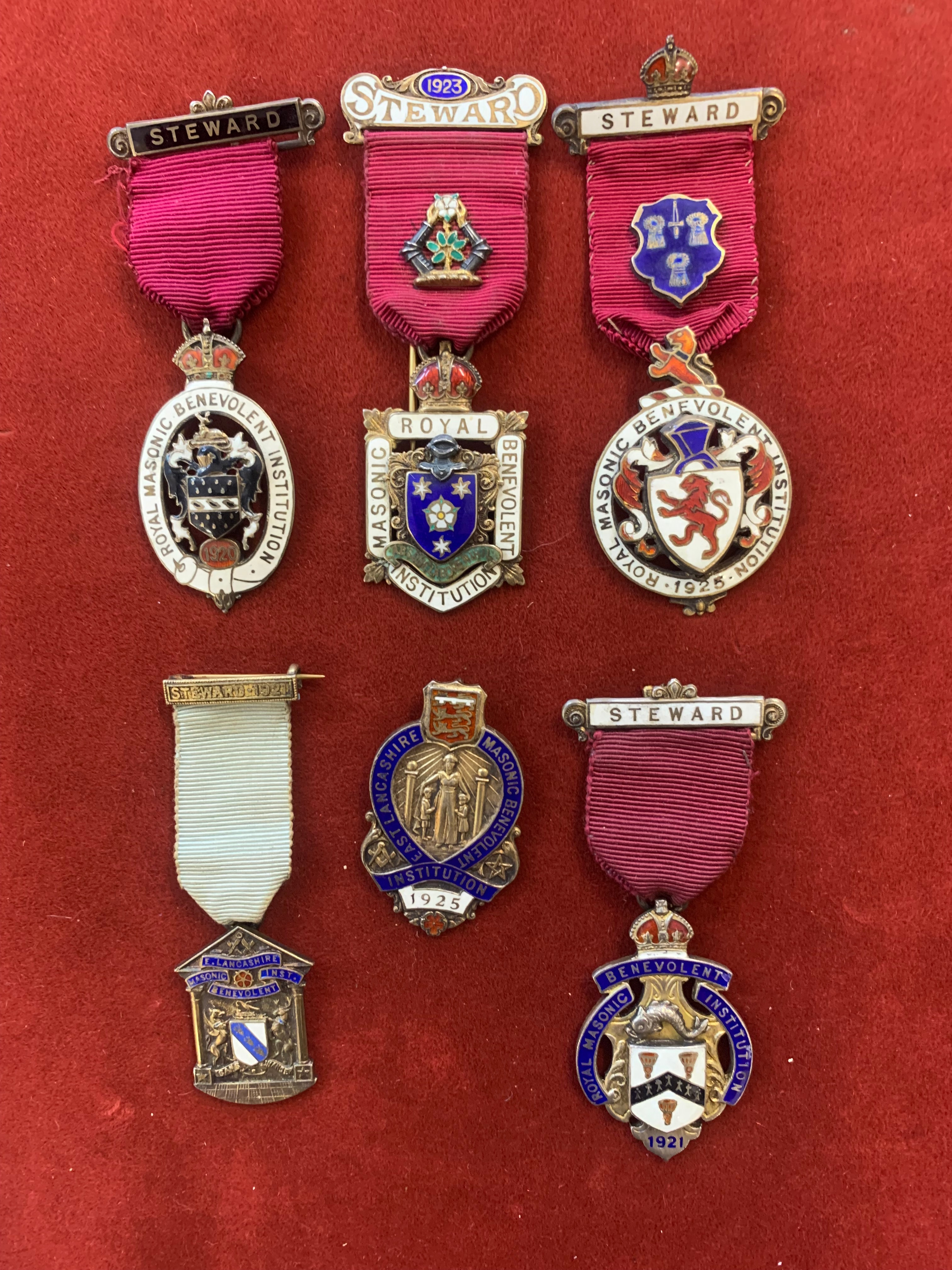 Royal Masonic Benevolent Institution Silver Jewels (6) including dates 1920, 1921, East Lancashire