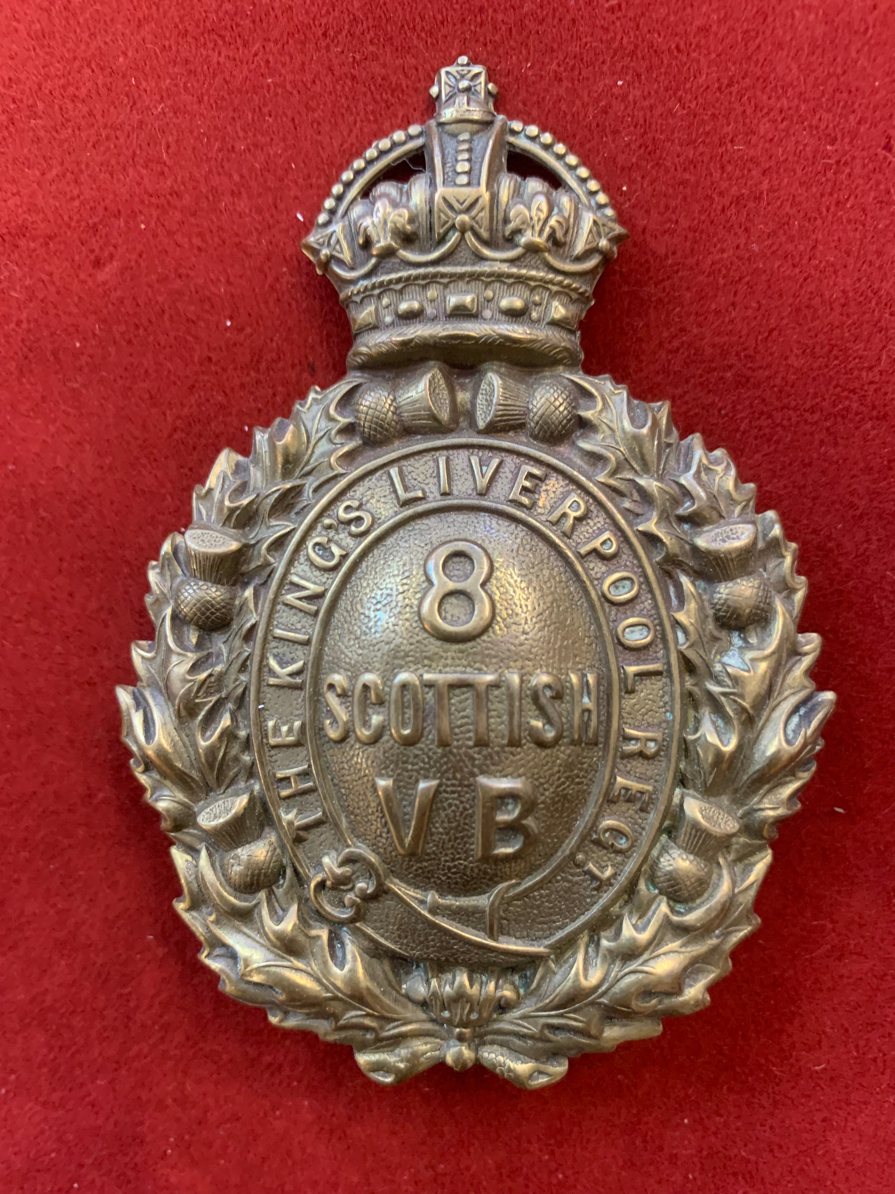 British WWI 8th Scottish Volunteer Battalion, The king's Liverpool Regiment, cap badge, gilding-