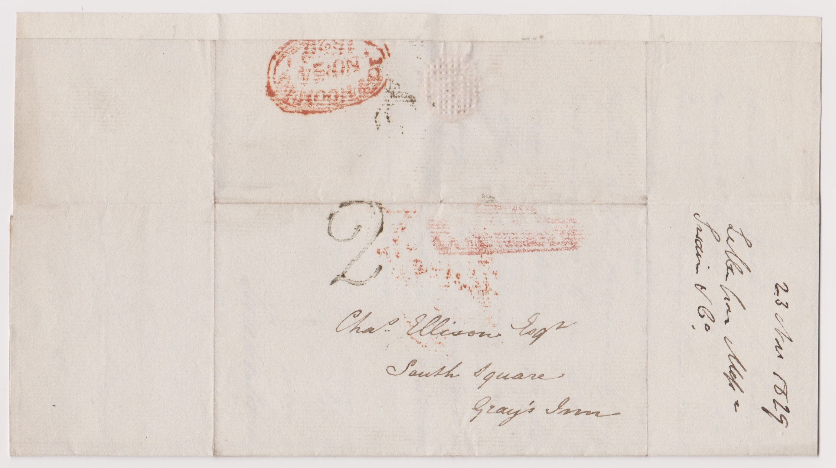 Great Britain 1829-Postal History-EL dated 23rd Nov 1829 posted to London-manuscript 2 smudged red