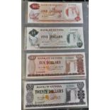 Guyana 1966-A range of (8) notes, 1 dollar to 20 dollars AUNC-100 dollars + 500 dollars VG