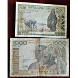 West African States-(For Burkina Faso) 1961-65-500 Francs,(sign 11)P302cVF and 1000 Francs (sign 11)