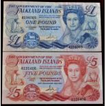 Falkland Islands 1984-£1-Near Fine,(P130 and 1983-£5 AUNC (P12)-(2)