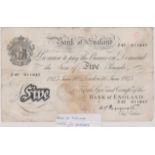 Bank of England 1945-Peppiatt 'White' five pounds', London faults 'fair' only genuine laminated