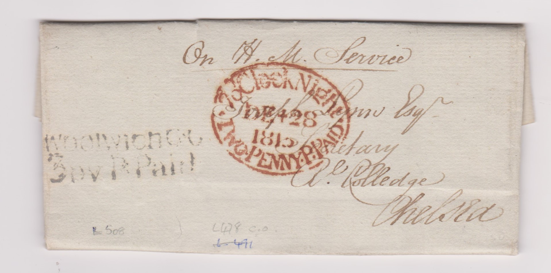 Great Britain 1815 Postal History - E.L. Dated Dec 28th 1815-Woolwich pisted to Chelsea-black 2 line
