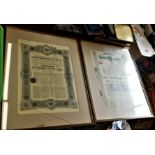 Framed Documents (2) - early 1905 & 1906 one with cracked glass 52cm x 44cm BUYER COLLECT