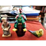 China - Assorted Figurines - Man sitting on barrel, old lady sitting on seat, budgie (3) good