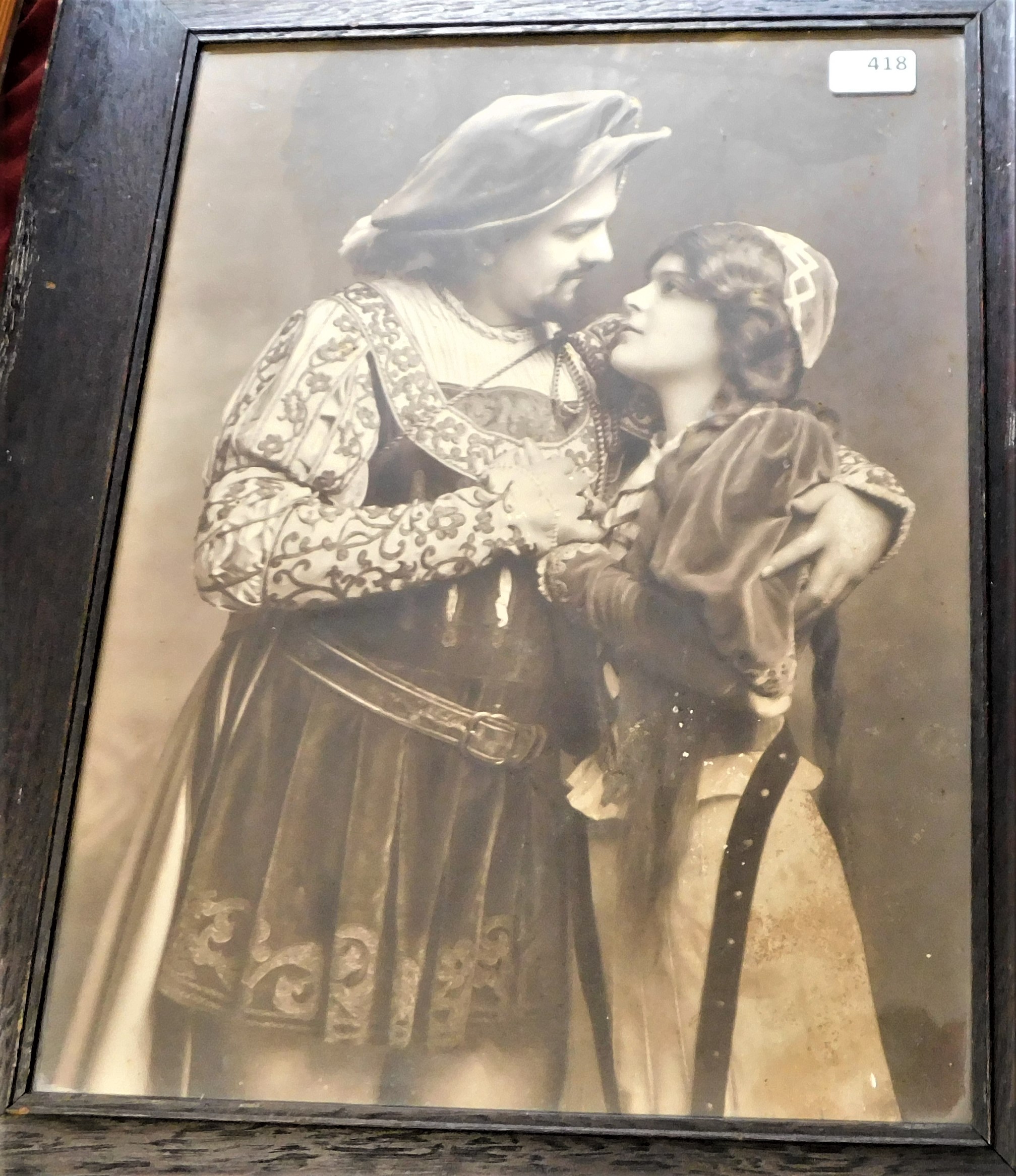 Early 20th Century Theatrical picture, shows two actors in Tudor costume Glazed wooden frame