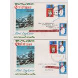 1966-Christmas Set on FDCs (4) with varieties mis perforation shift, Gold Shift, and head flaw-Ex