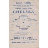 Rare Single sheet Reading v Chelsea Football League South at Elm Park 29th April 1944 programme .