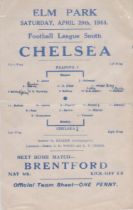 Rare Single sheet Reading v Chelsea Football League South at Elm Park 29th April 1944 programme .