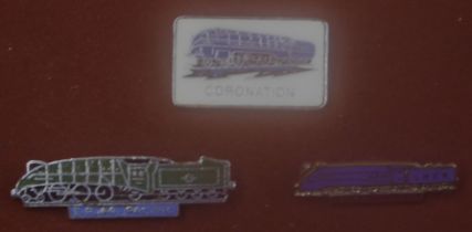 Enamel Pin Locomotive Badges 'Coronation', 'Dominion of Canada' and ER Pacific'. Mint in box.