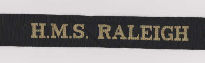 British H.M.S. Raleigh (Shire Establishment) Royal Navy Cap Tally, HMS Raleigh is a stone frigate (