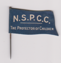 British WWI Charity fundraising pin badge, printed on both sides: 'N.S.P.C.C. The Protector of