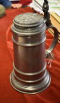 Pewter Stein Tankard - patterned Lid-22cm tall, very good condition