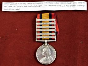 British Queen's South Africa Medal with six clasps including 'Laing's Nek', 'Transvaal', 'Relief