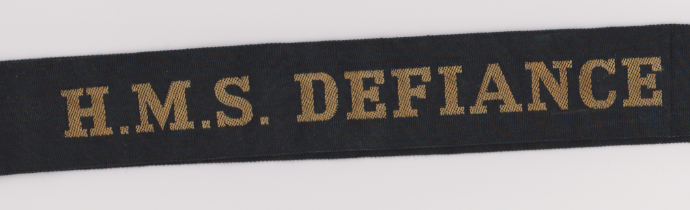 British H.M.S. Defiance Royal Navy Cap Tally, H.M.S. Defiance was a ship stationed for training