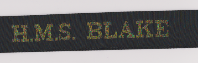 British H.M.S. Blake Royal Navy Cap Tally, HMS Blake was a light cruiser of the Tiger class of the