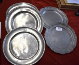 Pewter Plates - assorted design 24cm across (5) good condition