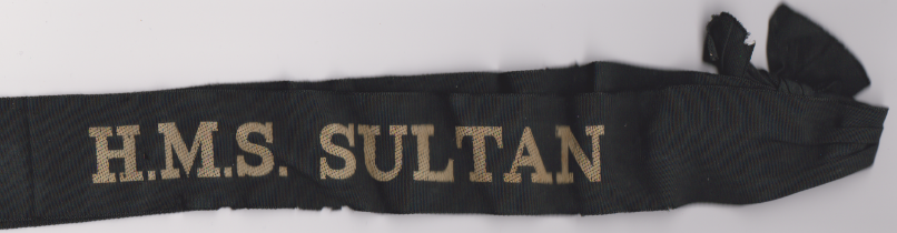 British H.M.S. Sultan WWII Royal Navy Cap Tally, H.M.S. Sultan is a shore base of the Royal Navy