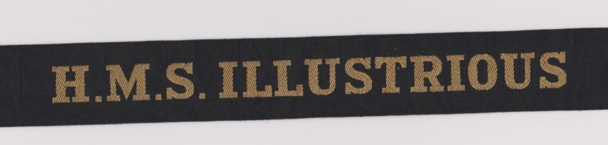 British H.M.S. Illustrious WWII Royal Navy Cap Tally, H.M.S. Illustrious was the lead ship of her