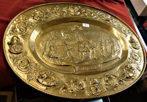 Oval Salver - engraved brass oval salver (Hyver) depicting figures with sledge (Winter) measurements