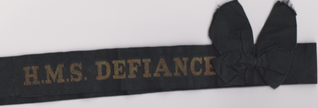 British H.M.S. Defiance Royal Navy WWII Cap Tally, H.M.S. Defiance was a ship stationed for training