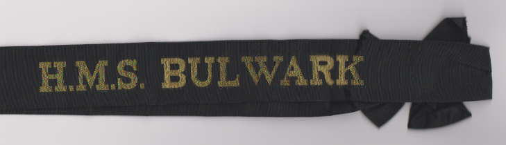 British H.M.S. Bulwark Royal Navy Cap Tally, H.M.S. Bulwark is the second ship of the Royal Navy's