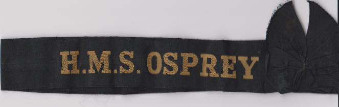 British H.M.S. Osprey WWII Royal Navy Cap Tally (Shore Establishment), H.M.S. Osprey, Portland was