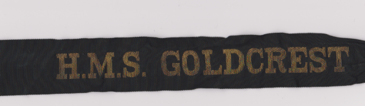 British H.M.S. Goldcrest WWII Royal Navy Cap Tally, Royal Naval Air Station Dale (RNAS Dale, also