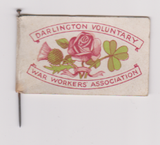 British WWI Charity fundraising pin badge 'Darlington Voluntary War Workers' Association' Printed on