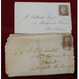 1849 - Wrapper posted to London SG8 1d red cancelled with 303 Folkstone town strike partial blue