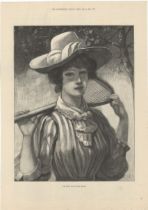 Tennis 1891-full page black and white print by A.Neve-'A beautiful lady carrying her rachet-'The