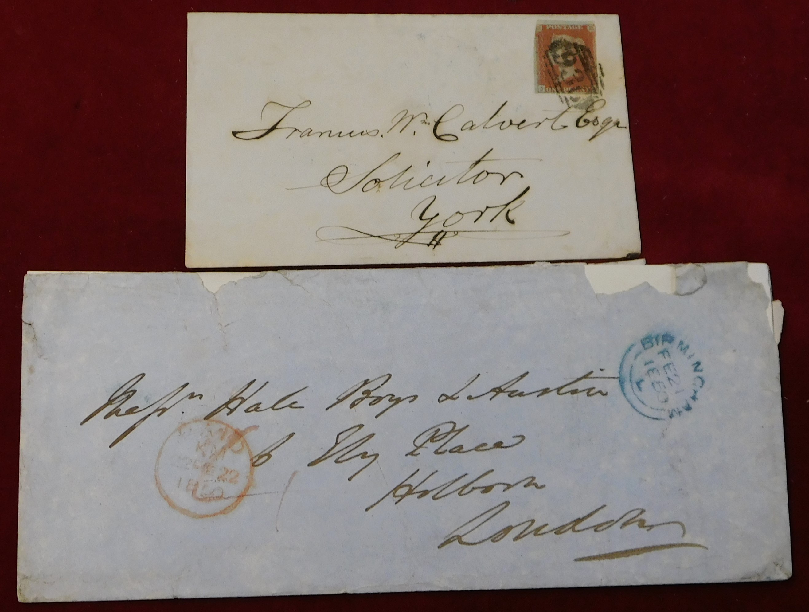 1850 - damaged envelope posted to London cancelled 21.2.1850 Birmingham cancelled received red