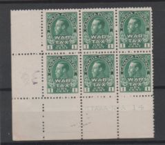 Canada 1915 - 1c green ' War Tax' control NA14 block of (6) SG228 u/m scarce