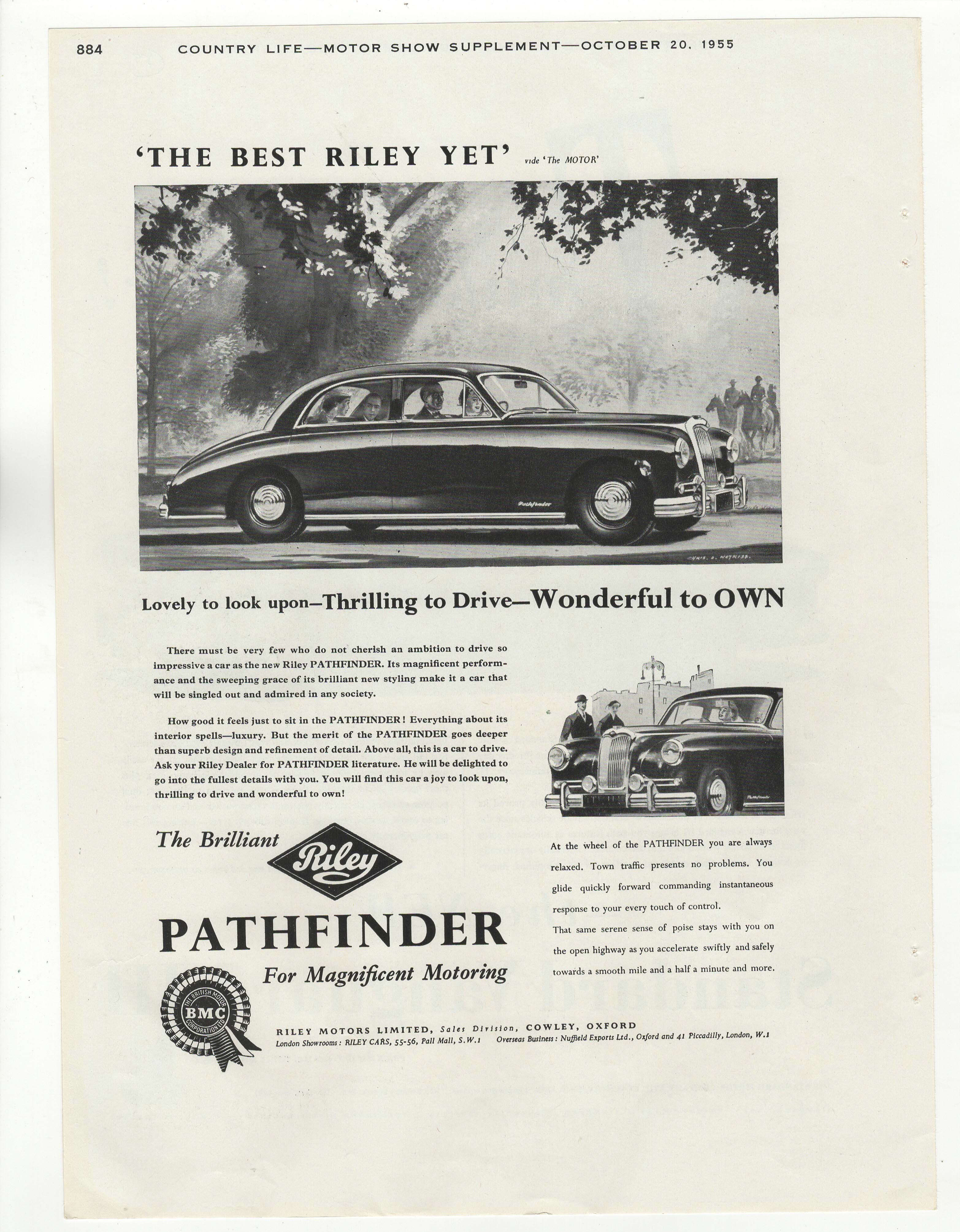 Riley Pathfinder-'The Best Riley Yet'-five full page 1955 advertisement-black and white