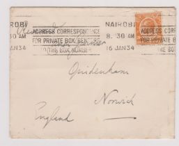 Kenya, Uganda, Tanganyika 1934 env Nairobi to Norfolk 20c KUT adhesive Nairobi box number slogan