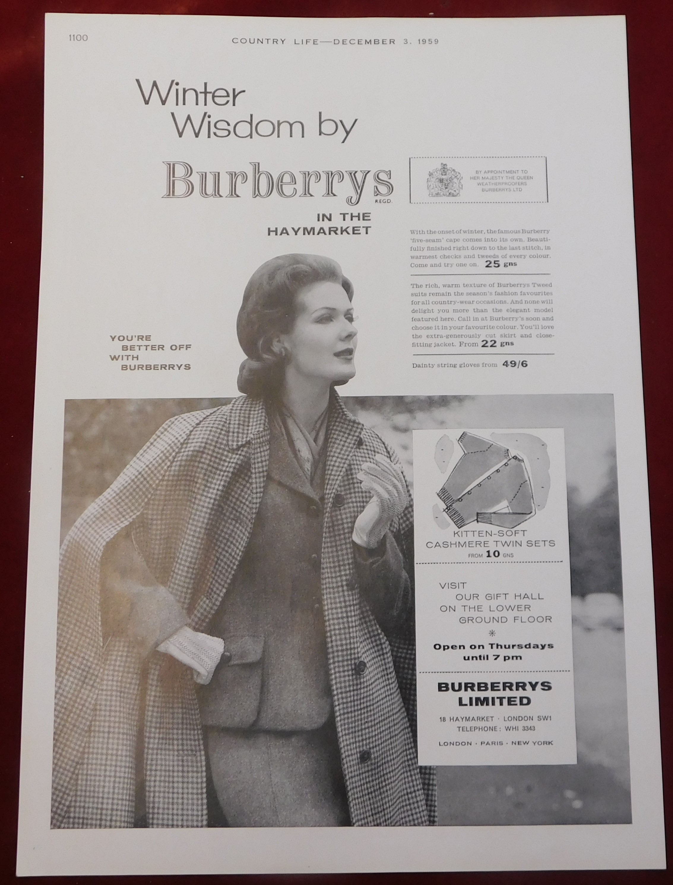 Burberrys 1959 - Full page black and white advertisement 'Winter Wisdom by Burberry's at the