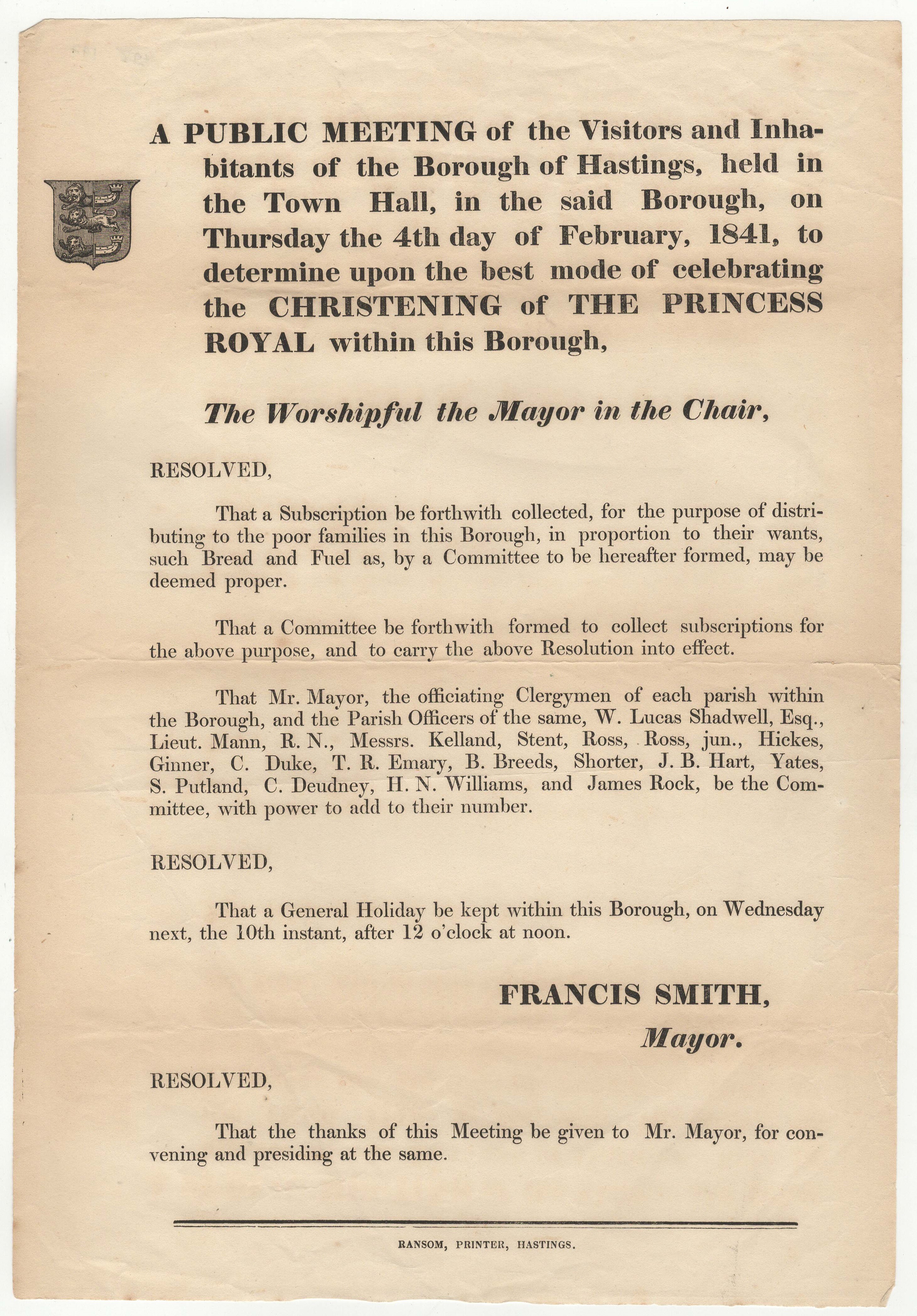 Poster 1841-Hasting Christening of The princess Royal within the Borough-Subscription for