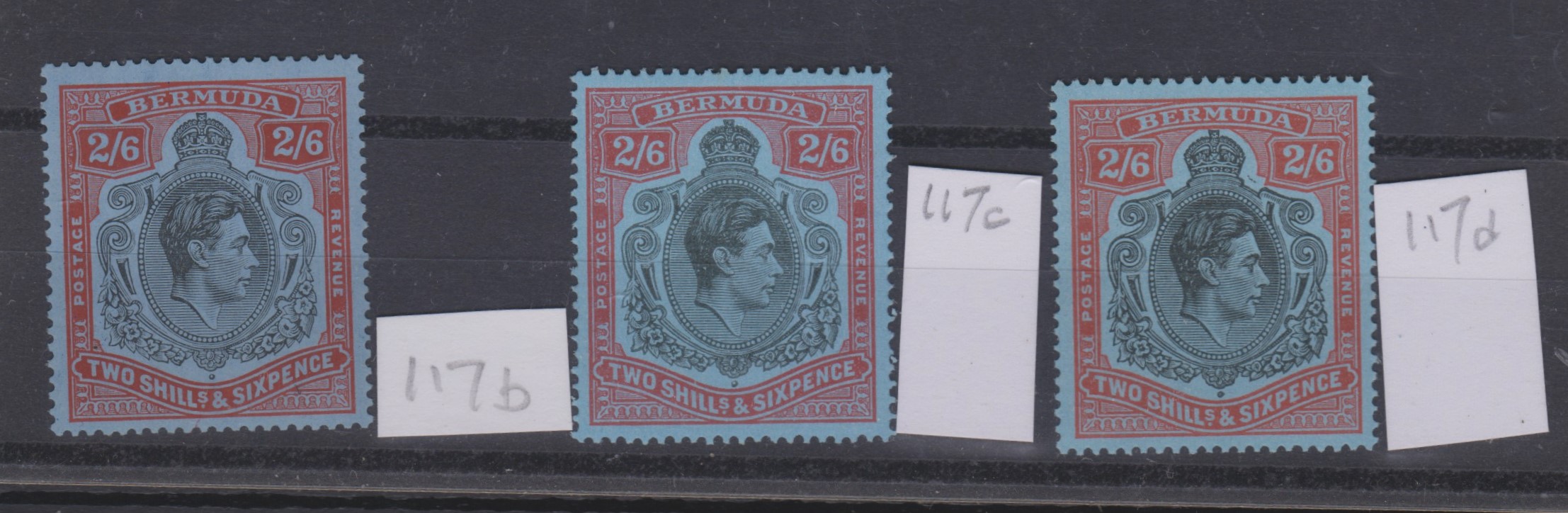 Bermuda 1938 - 1953 - 2/6, three l/m/mint, 117b, 117c, 117d (3)