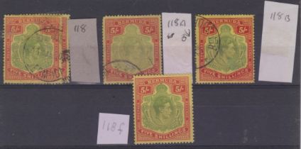 Bermuda 1938 - 1953 - 5/- with SG118, 118a+ 118b, fine used and 118f fresh mint (4)