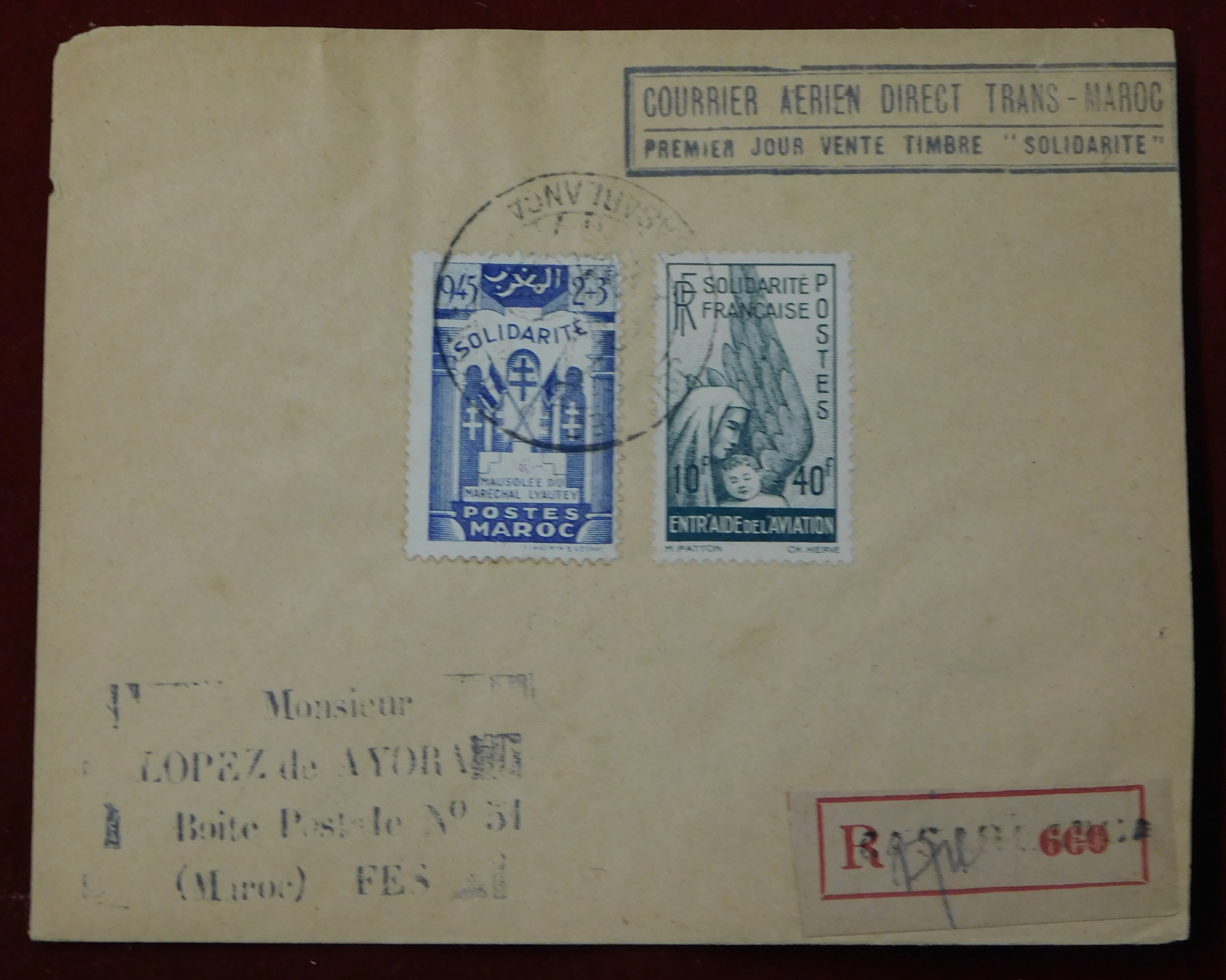 Morocco 1945 Env Registered Casablanca to Fes "Courier Aerien Direct Trans-Maroc Premier Jour