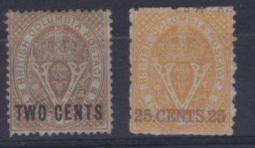 British Columbia 1868 - 71 - SG28 m/m 2c brown, SG31 m/m 25c yellow, cat value £185