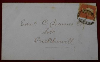 1853 - Envelope posted to Crickhowell, cancelled with Abercavenny town numeral strike on SG8 1d red,