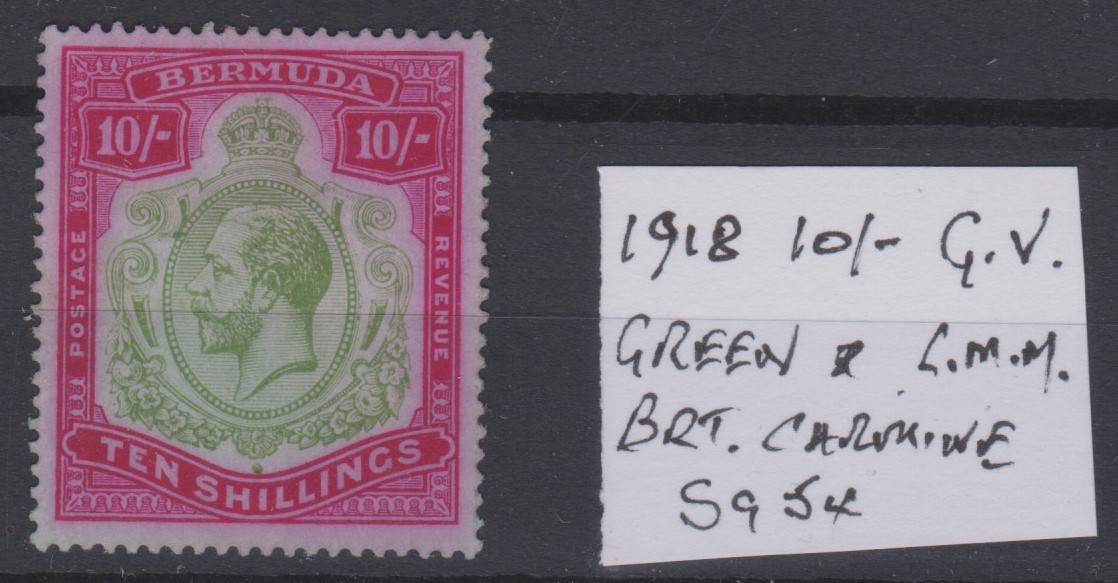 Bermuda 1918 - 10/- green and bright carmine, l/m/mint SG54