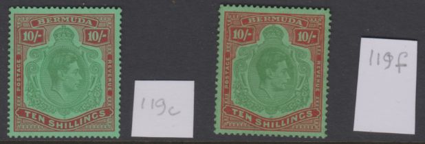 Bermuda 1938 - 1953 - 10/- SG119c (Cat £70) and 119f (Cat £40), 9both mint (2)