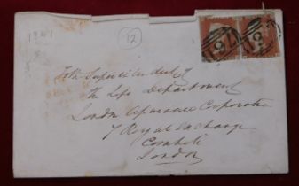 1848 - Envelope posted to London cancelled with oval numeral cancels on 2x SG8 1d stamps, back