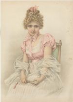 Florence Gravier-An antique colour print -beautiful Victorian lady in silk gown holding fan-'A