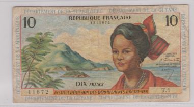 French Antilles - 10 francs, P8, AVF, scarce (Guadeloupe/Olyana)